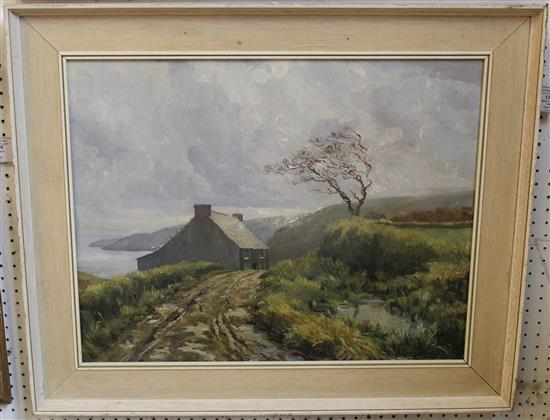 Denys Law (1907-1981) Cottage in a windswept landscape, Lamorna stream, 18 x 22in.